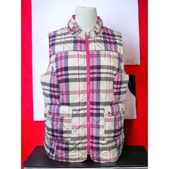 Crown & Ivy sleeveless quilted plaid mock neck zip front hip pockets vest XL - Picture 8 of 8